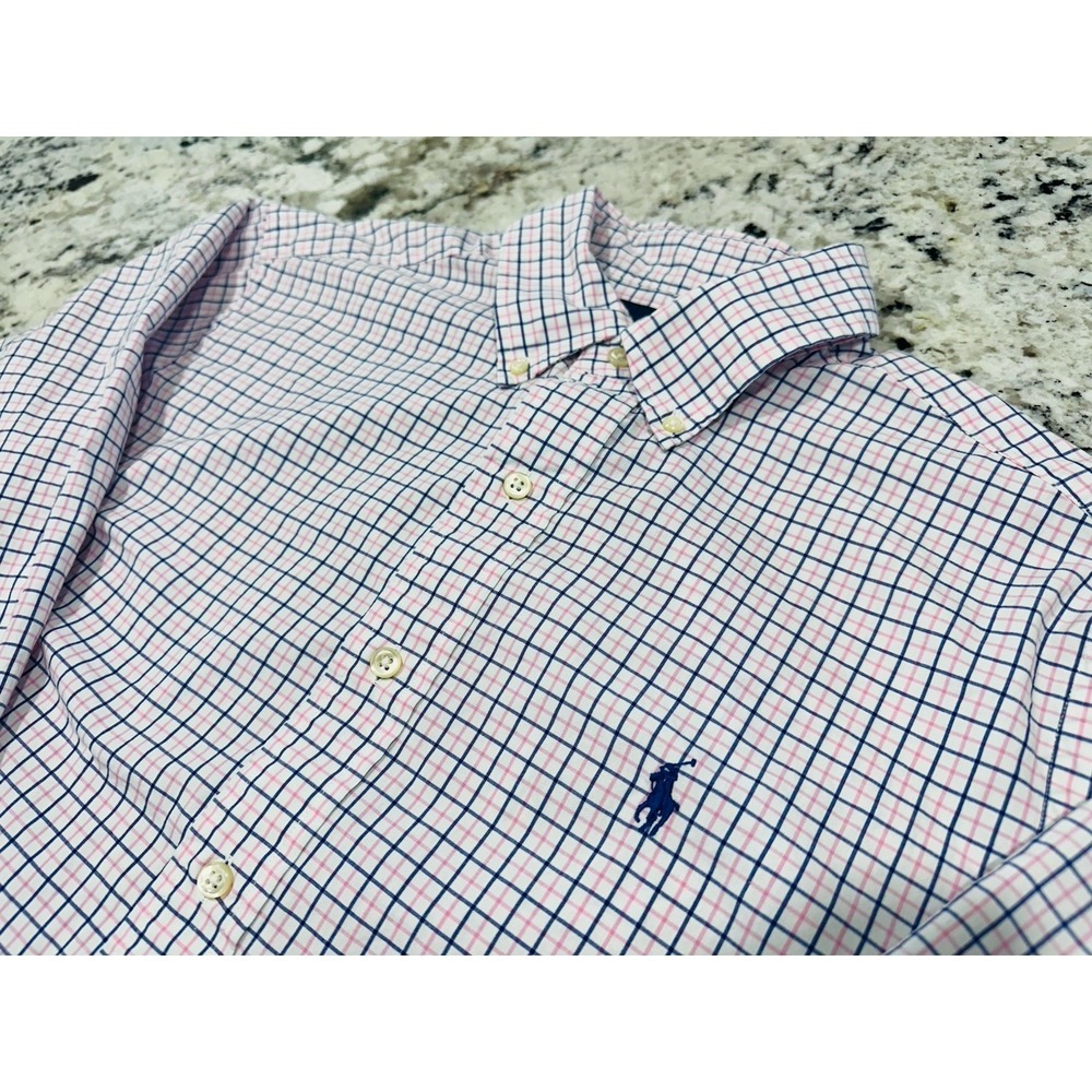 Ralph Lauren Shirt Men M Pink Plaid Blue Pony Long Sleeve Classic Fit Preppycore